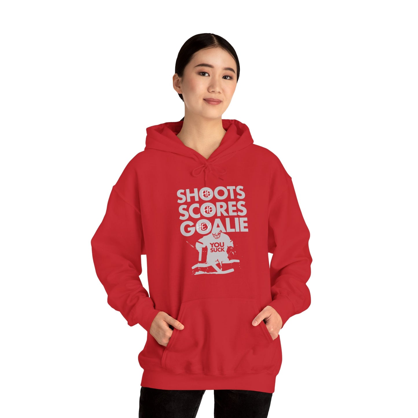 Substantial Hockey's "He Shoots, He Scores, Hey Goalie, You Suck" Hoodie in the color red mocked up on a female model