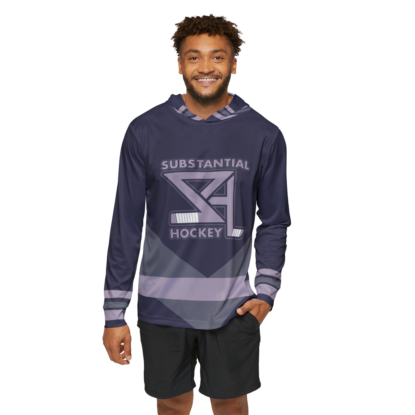 The Substantial Hockey Warm Up Hoodie on a male subject featuring the SH purple color scheme