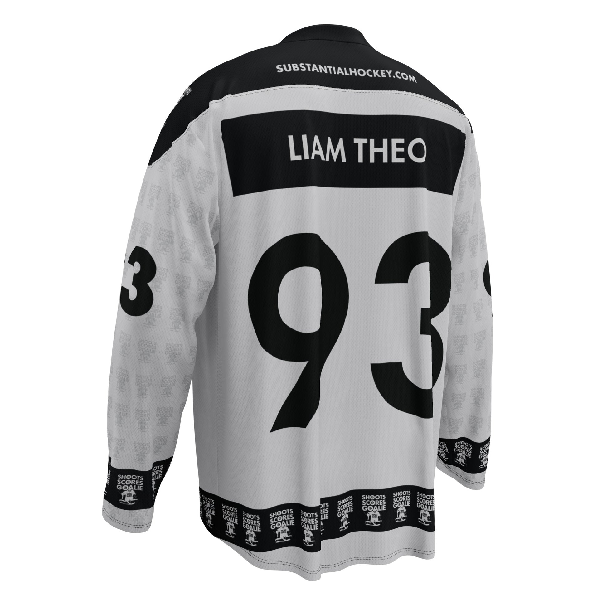 The Substantial Hockey gray "He Shoots, He Scores, Hey Goalie, You Suck" hockey jersey back featuring the owner of Substantial Hockey's name, Liam Theo and his favorite number.