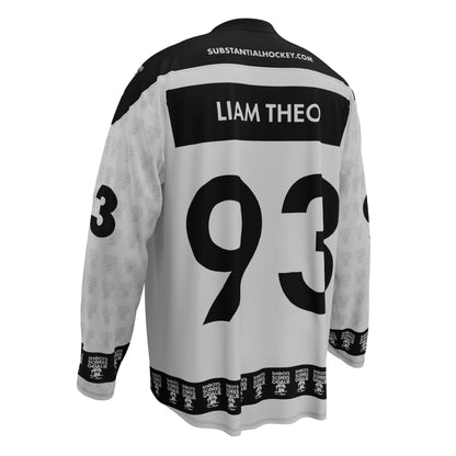 The Substantial Hockey gray "He Shoots, He Scores, Hey Goalie, You Suck" hockey jersey back featuring the owner of Substantial Hockey's name, Liam Theo and his favorite number.