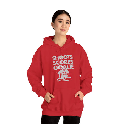 Substantial Hockey's "He Shoots, He Scores, Hey Goalie, You Suck" Hoodie in the color red mocked up on a female model